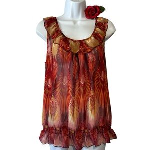 A Diva Semi Sheer Artsy Sleeveless Top Flouncy airy ruffles smocked elastic hem